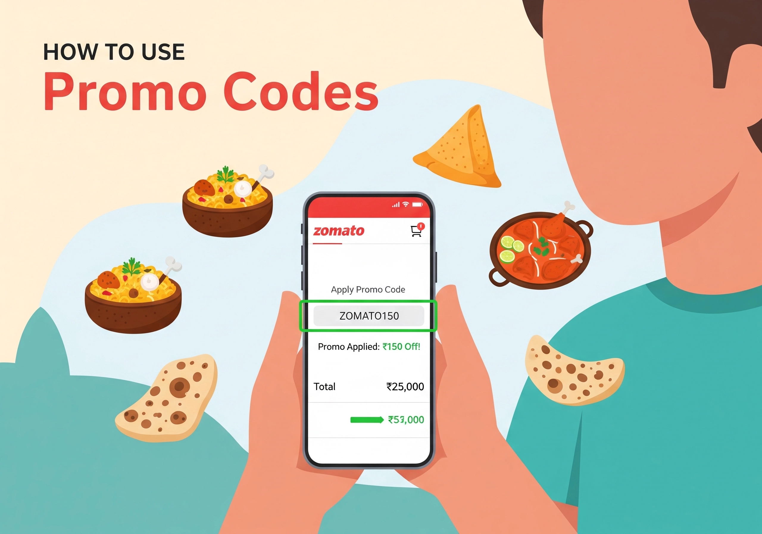 Illustration showing how to apply a promo code on the Zomato app to get instant discounts on food orders