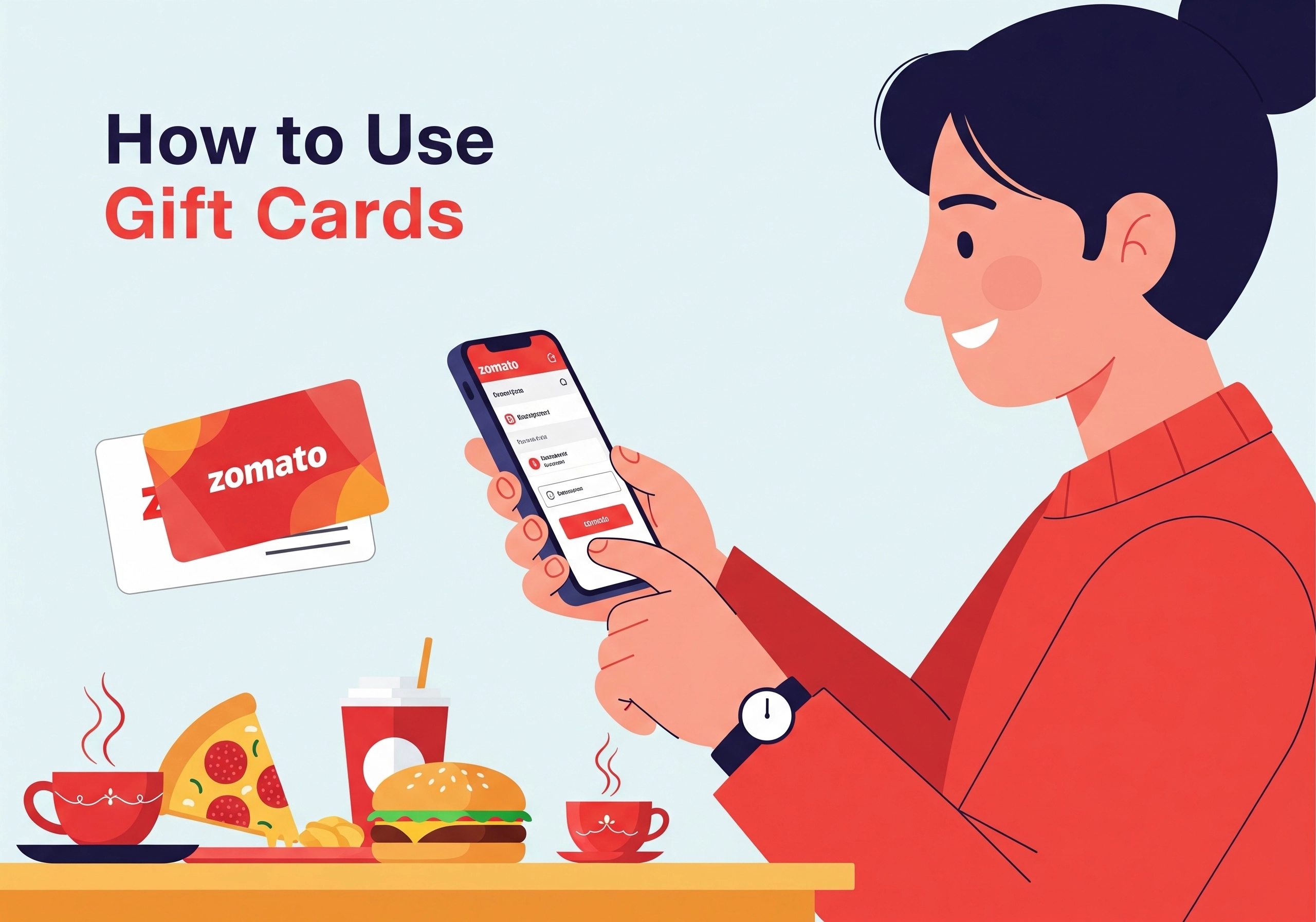 Illustration showing how to use a Zomato gift card on the Zomato app while ordering food