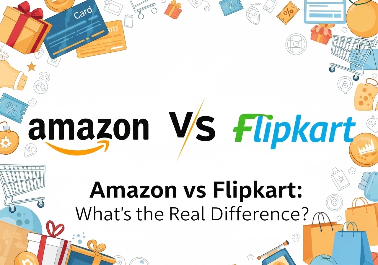 Illustration comparing Amazon and Flipkart gift cards, highlighting the differences between the two platforms