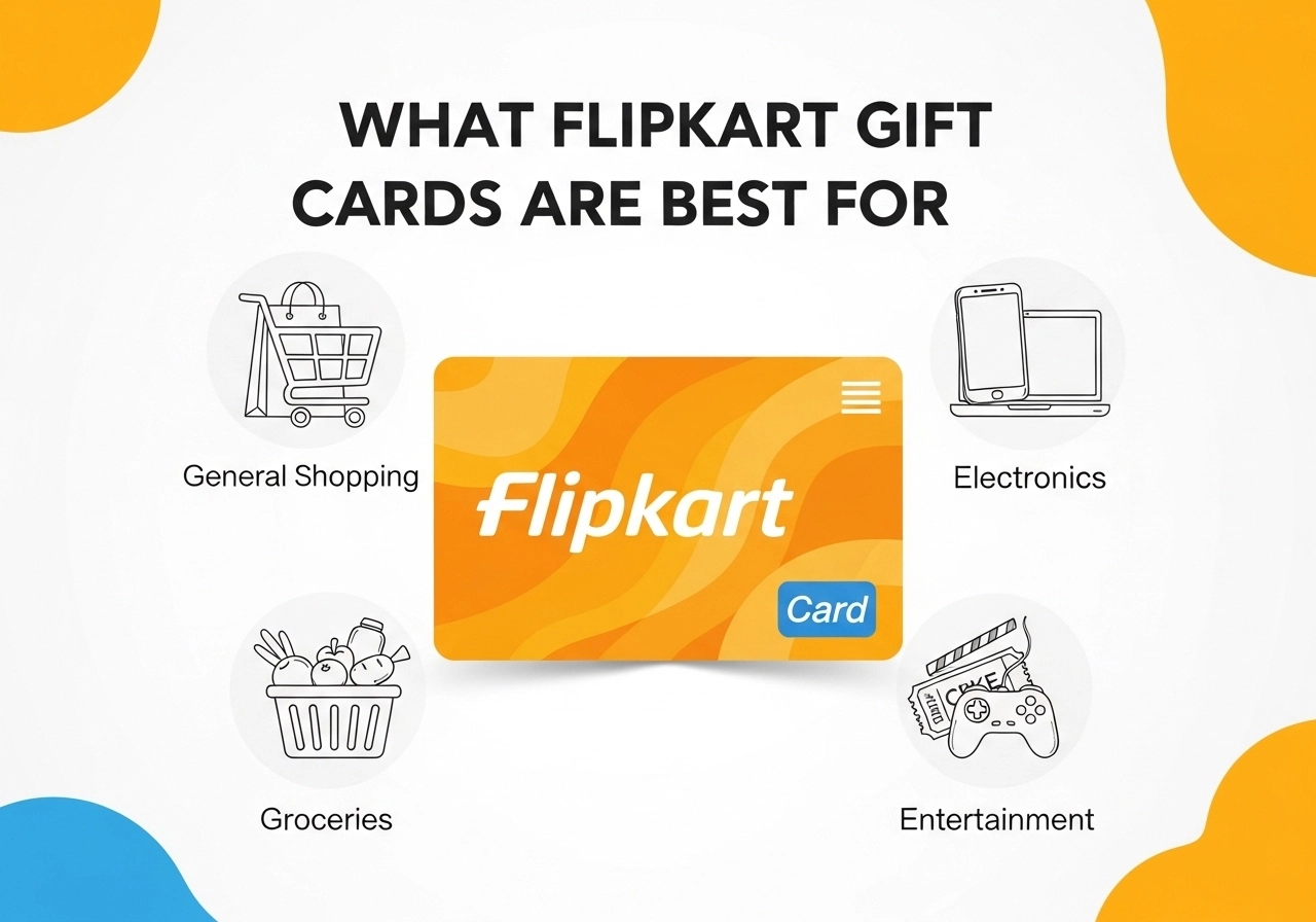 Illustration showing how Flipkart gift cards can be used for electronics, groceries, and shopping