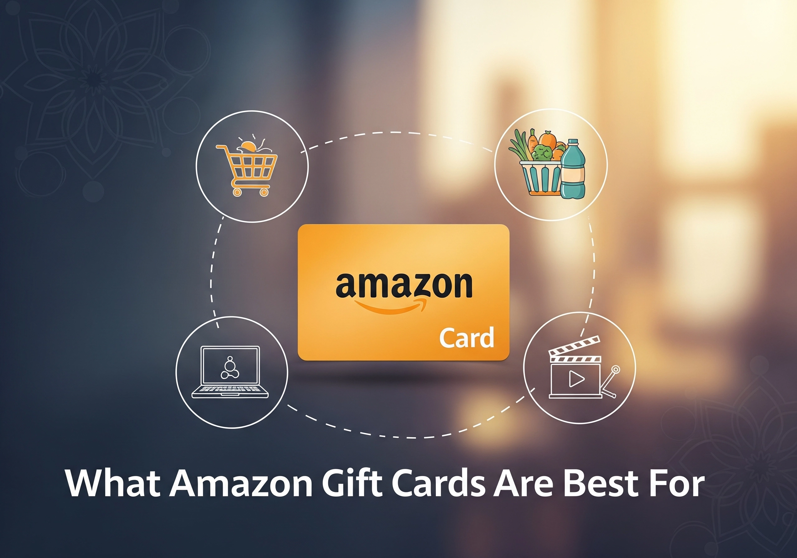 Illustration showing how Amazon gift cards can be used for shopping, groceries, and entertainment.