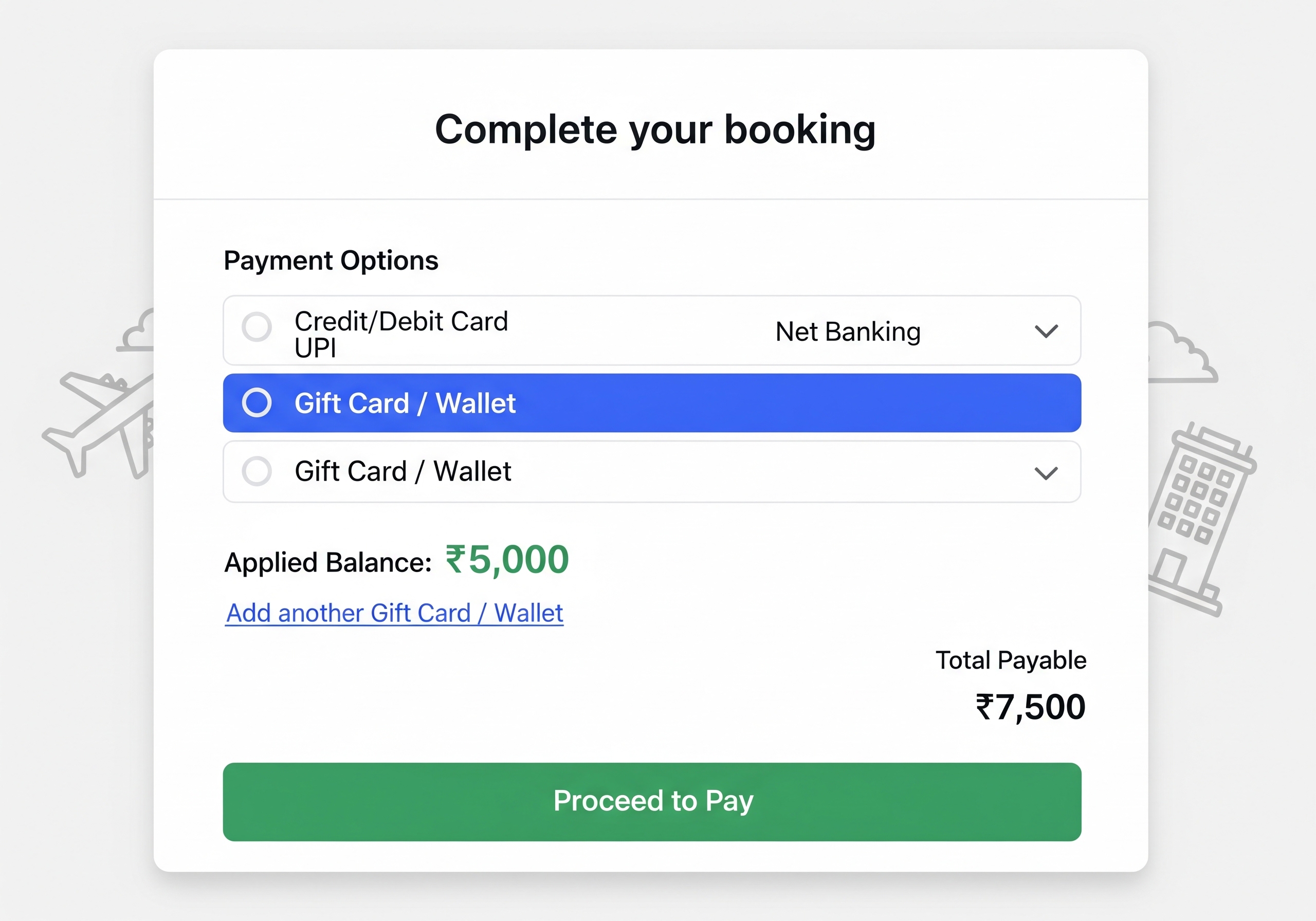 Illustration showing MakeMyTrip payment options with “Gift Card / Wallet” selected during booking