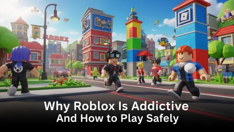 Colorful Roblox game scene showing avatars building, exploring, and racing in a virtual world, bright and cheerful environment”
